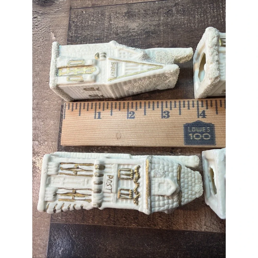 Miniature Ceramic White Gold Trim Village Houses Glitters Lot of 5 Vintage Trees
